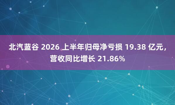 北汽蓝谷 2026 上半年归母净亏损 19.38 亿元，营收同比增长 21.86%